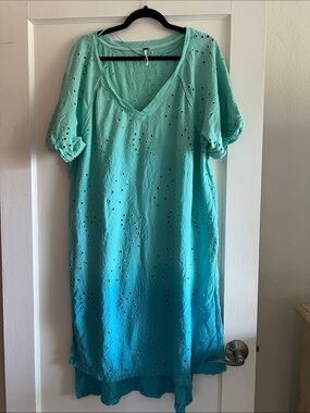 Free People Ombre Teal Eyelet V-Neck Maxi Dress